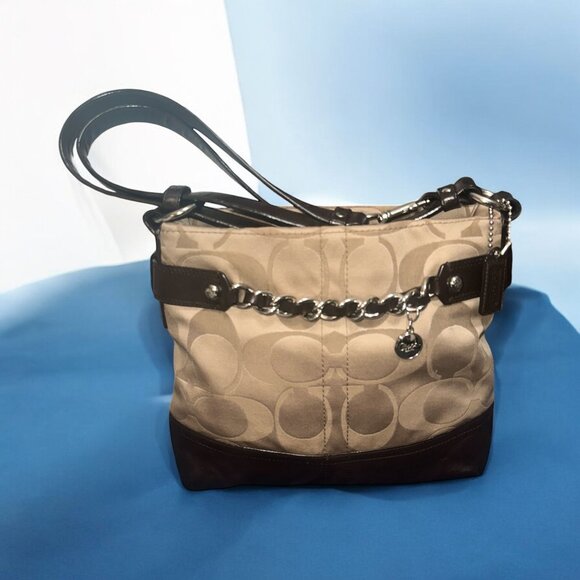 Coach Handbags - Coach Purse Khaki Sateen Signature Canvas Brown Leather Chain Bag F18862 Convert